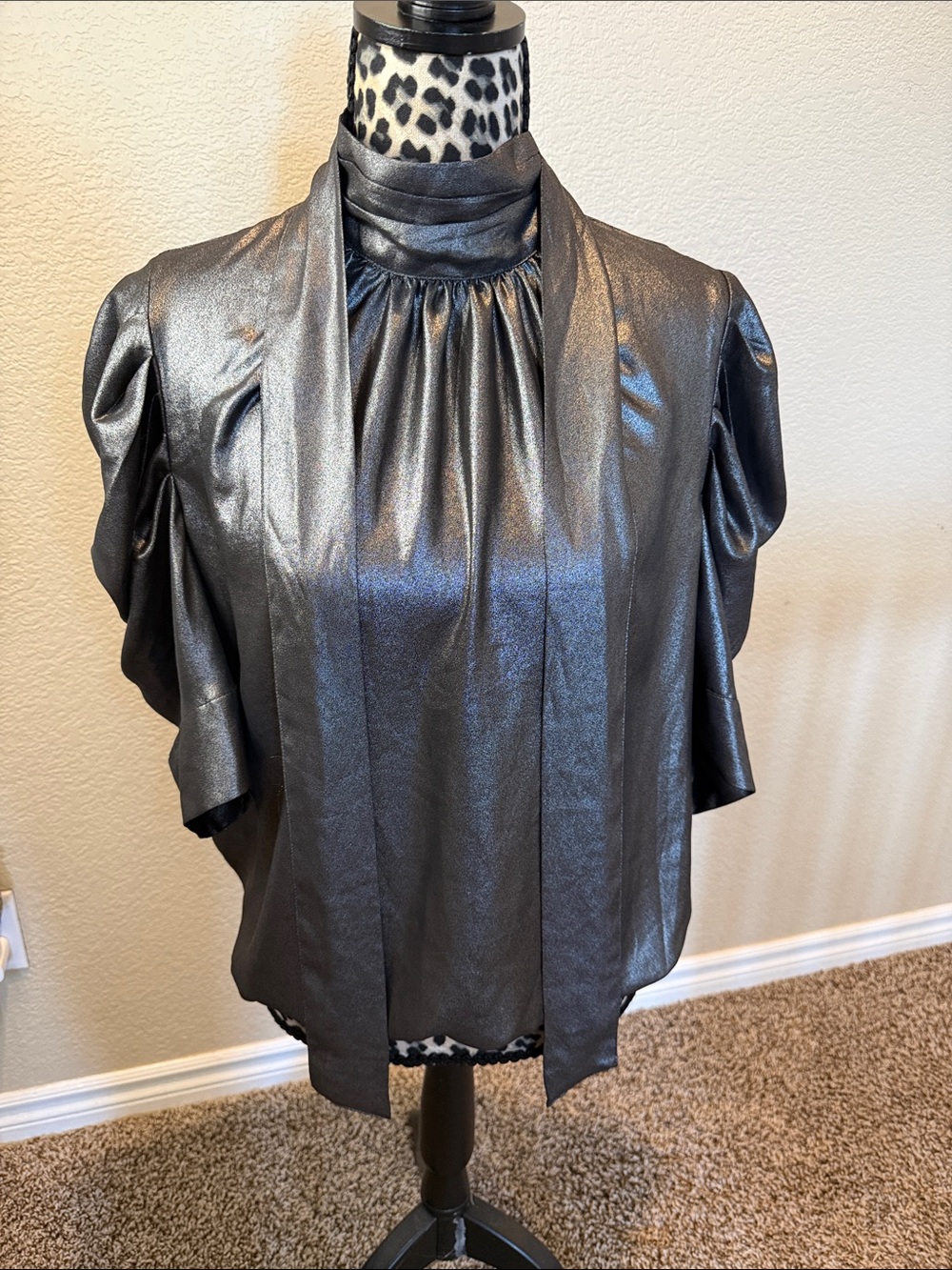 New York & Company Metallic Silver Tie-Neck Puff Sleeve Blouse